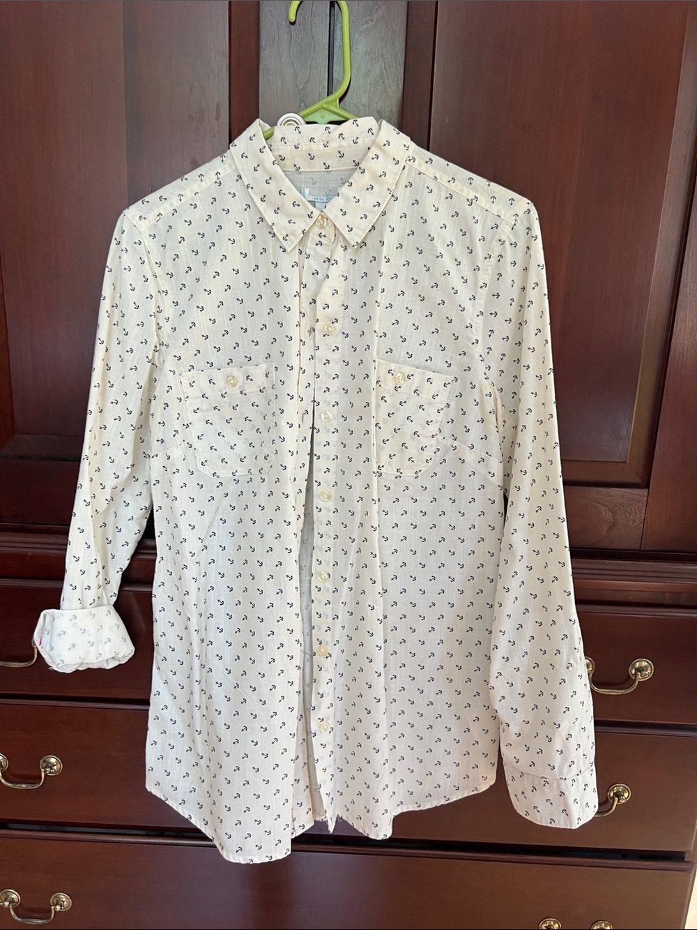 Women’s Cream colored long sleeve shirt with Navy Blue Anchors Button-Up Shirt